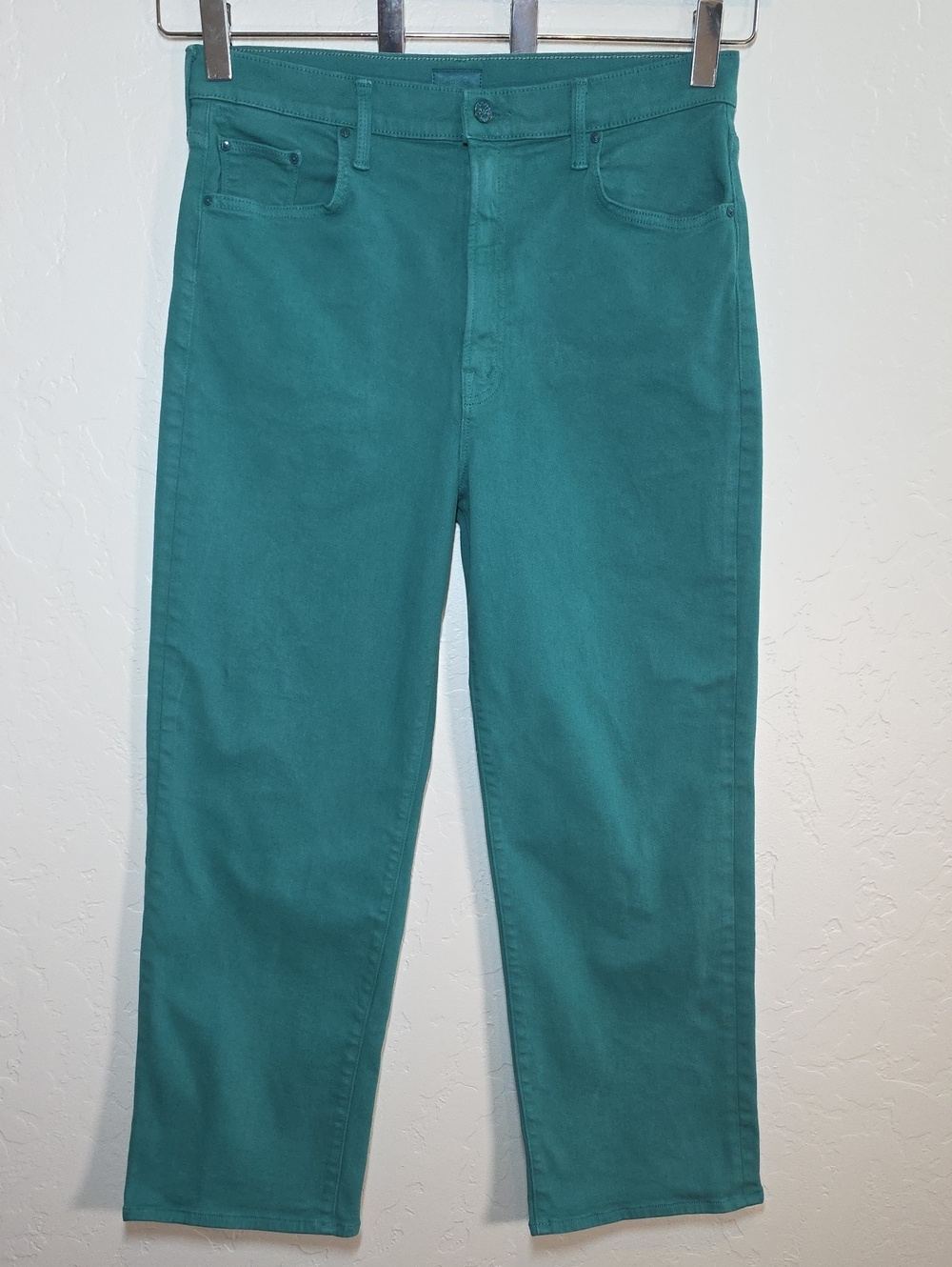 MOTHER Teal Green Wash Rambler Zip Ankle High Rise Jeans Made In USA Size 34